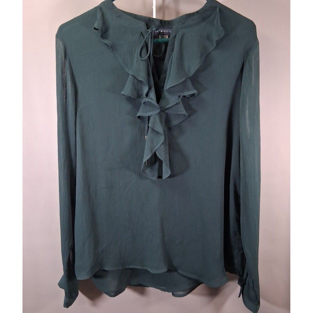 Tommy Hilfiger Hunter Green Ruffle Chiffon Blouse L Dark Academia Chic